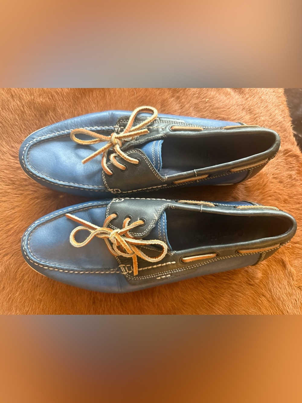 Men's Blue Leather Boat Shoes with Tan Laces cole Haan size 10
